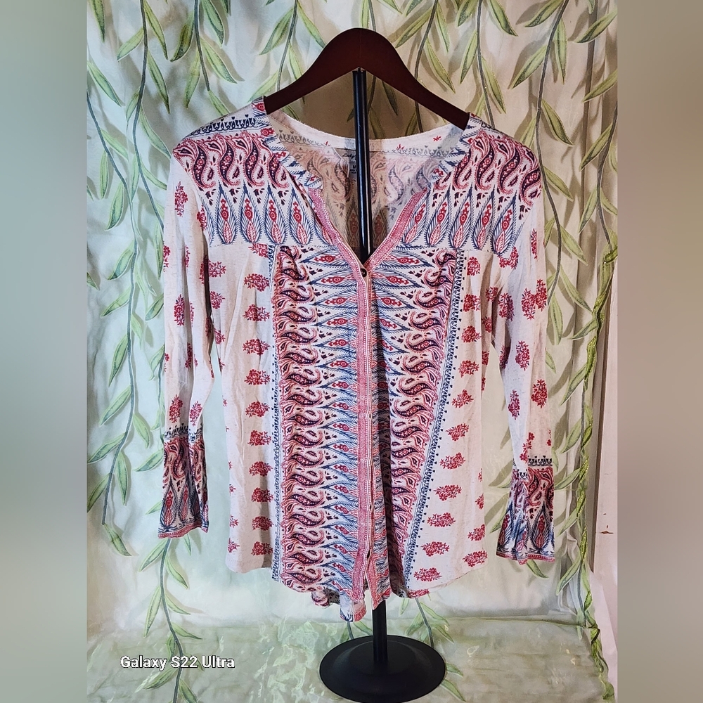 Lucky Brand Red and Blue Graphic 3/4 Sleeve Blouse